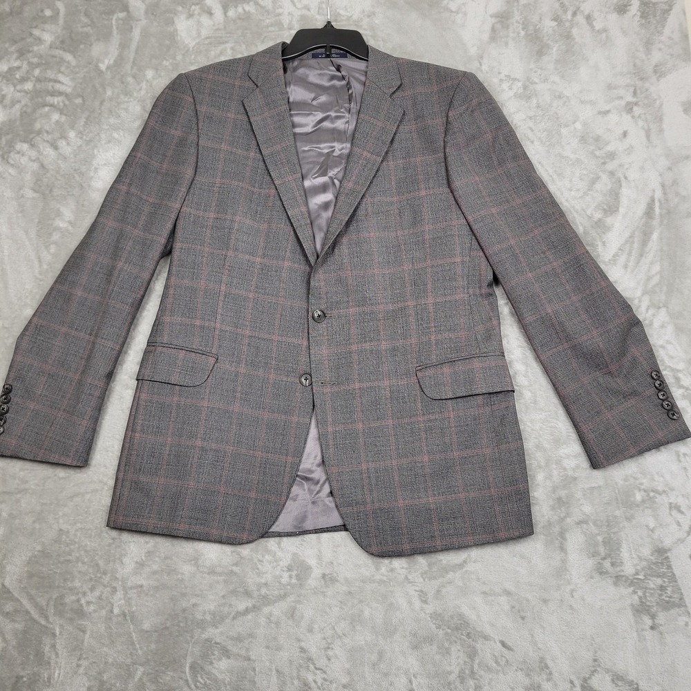 Joseph Abboud Men's 44R Blazer 100% Wool Gray Red Plaid 2-Button Suit Jacket